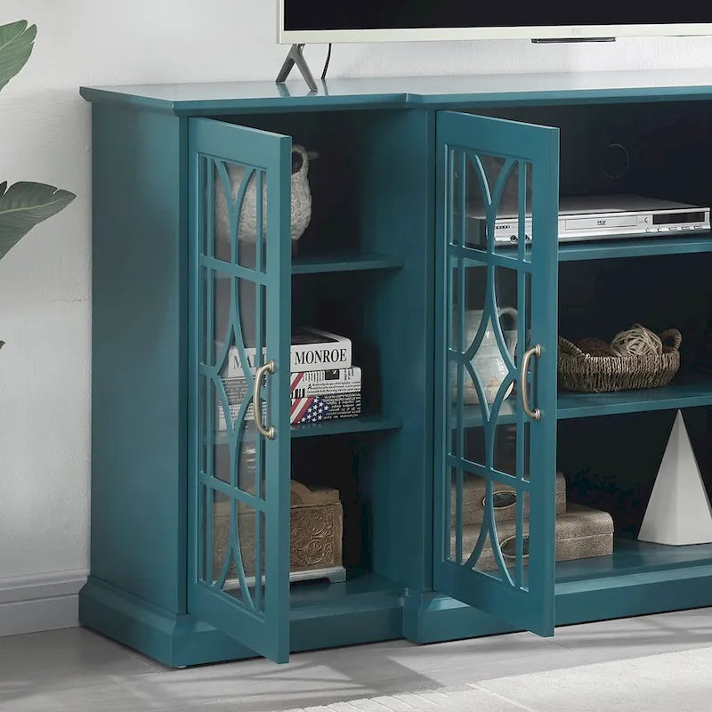 Meuble TV quatre portes bleu sarcelle avec buffet, portes en verre sculpté en MDF et étagères réglables