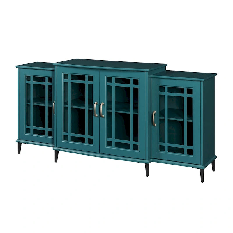 Meuble TV quatre portes bleu sarcelle avec buffet, portes en verre sculpté en MDF et étagères réglables