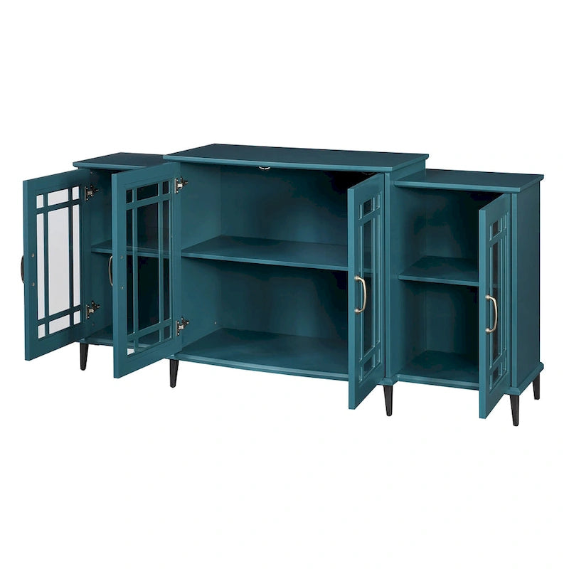 Meuble TV quatre portes bleu sarcelle avec buffet, portes en verre sculpté en MDF et étagères réglables