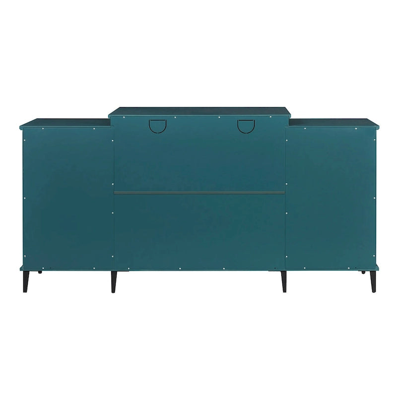 Meuble TV quatre portes bleu sarcelle avec buffet, portes en verre sculpté en MDF et étagères réglables