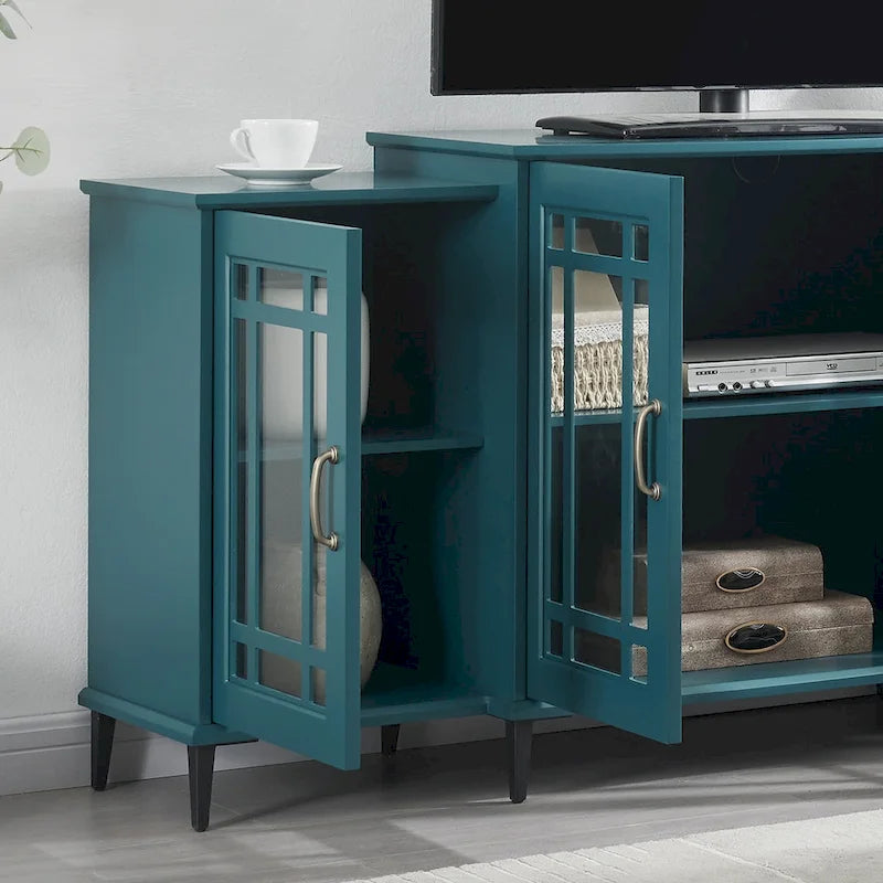 Meuble TV quatre portes bleu sarcelle avec buffet, portes en verre sculpté en MDF et étagères réglables