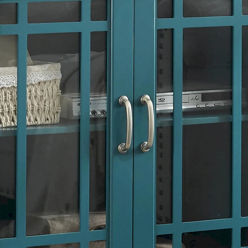 Meuble TV quatre portes bleu sarcelle avec buffet, portes en verre sculpté en MDF et étagères réglables