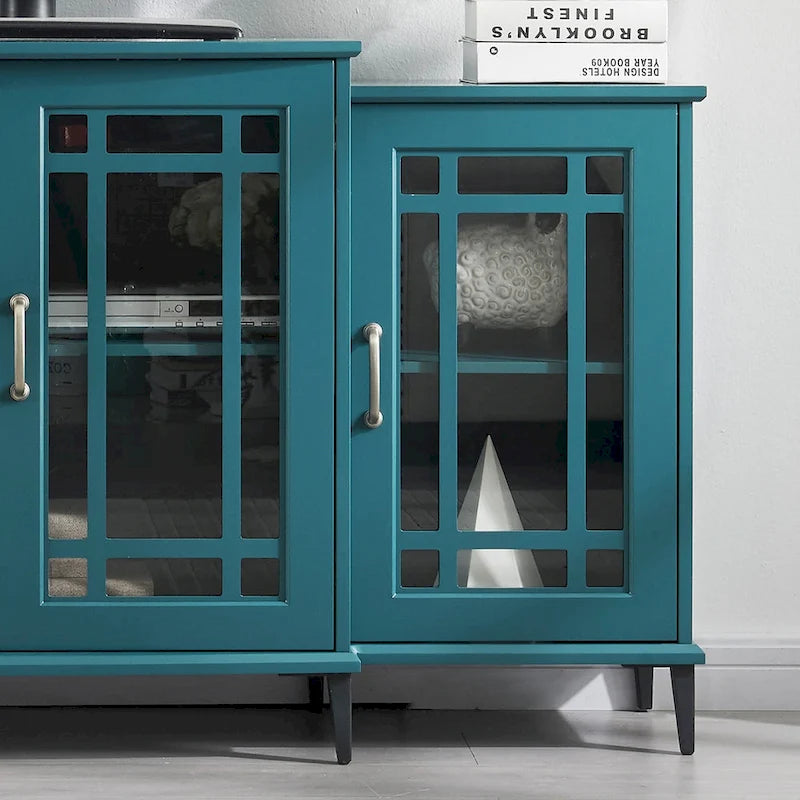 Meuble TV quatre portes bleu sarcelle avec buffet, portes en verre sculpté en MDF et étagères réglables