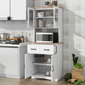 Vaisselier haut de cuisine, deux meubles hauts vitrés, niche ouverte pour micro-ondes, deux tiroirs, deux meubles bas à portes pleines, gestion des câbles, anti-basculement, MDF blanc