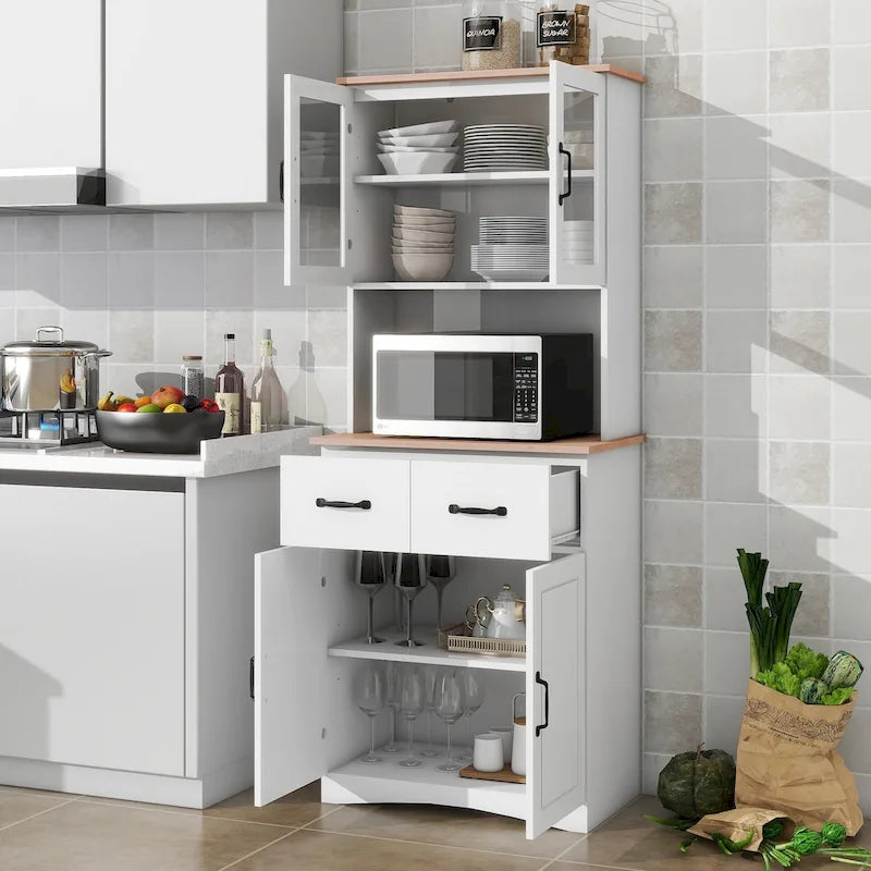 Vaisselier haut de cuisine, deux meubles hauts vitrés, niche ouverte pour micro-ondes, deux tiroirs, deux meubles bas à portes pleines, gestion des câbles, anti-basculement, MDF blanc