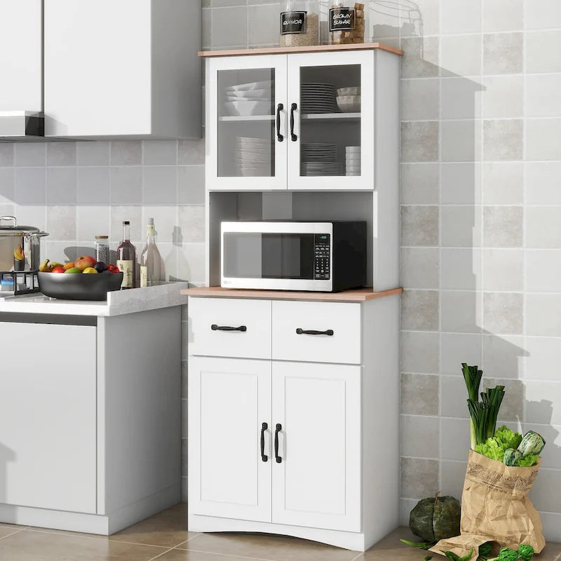 Vaisselier haut de cuisine, deux meubles hauts vitrés, niche ouverte pour micro-ondes, deux tiroirs, deux meubles bas à portes pleines, gestion des câbles, anti-basculement, MDF blanc