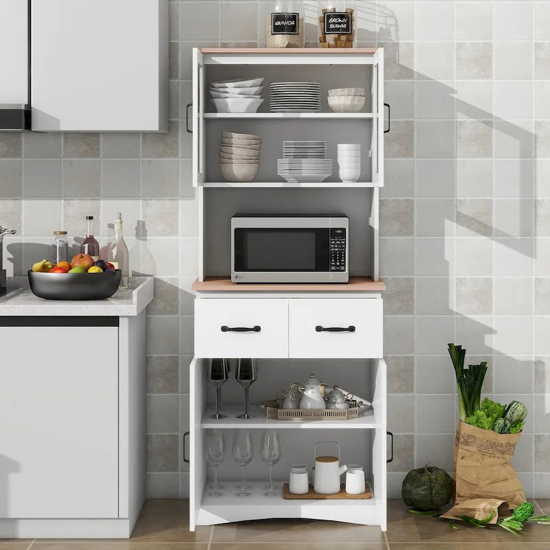Vaisselier haut de cuisine, deux meubles hauts vitrés, niche ouverte pour micro-ondes, deux tiroirs, deux meubles bas à portes pleines, gestion des câbles, anti-basculement, MDF blanc