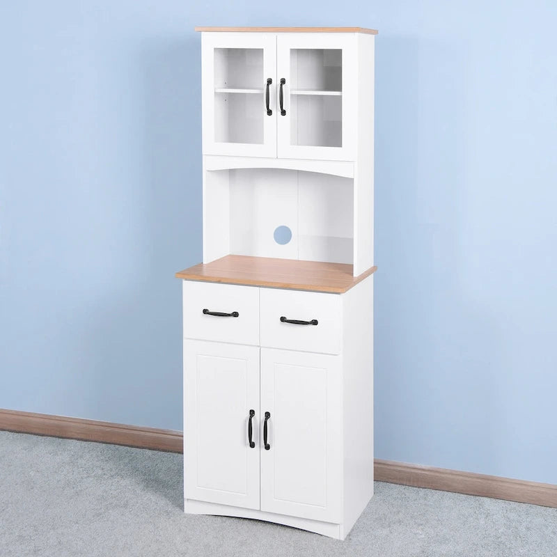 Vaisselier haut de cuisine, deux meubles hauts vitrés, niche ouverte pour micro-ondes, deux tiroirs, deux meubles bas à portes pleines, gestion des câbles, anti-basculement, MDF blanc