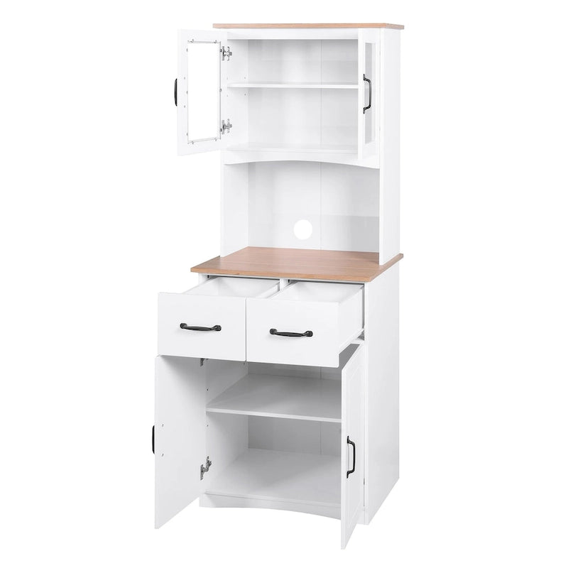 Vaisselier haut de cuisine, deux meubles hauts vitrés, niche ouverte pour micro-ondes, deux tiroirs, deux meubles bas à portes pleines, gestion des câbles, anti-basculement, MDF blanc