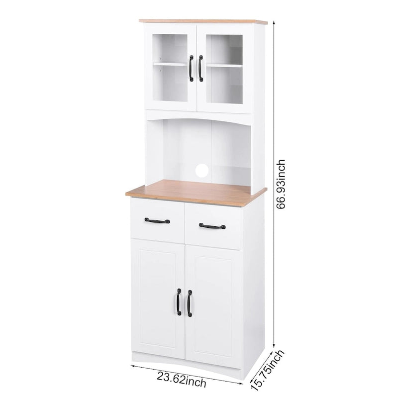Vaisselier haut de cuisine, deux meubles hauts vitrés, niche ouverte pour micro-ondes, deux tiroirs, deux meubles bas à portes pleines, gestion des câbles, anti-basculement, MDF blanc