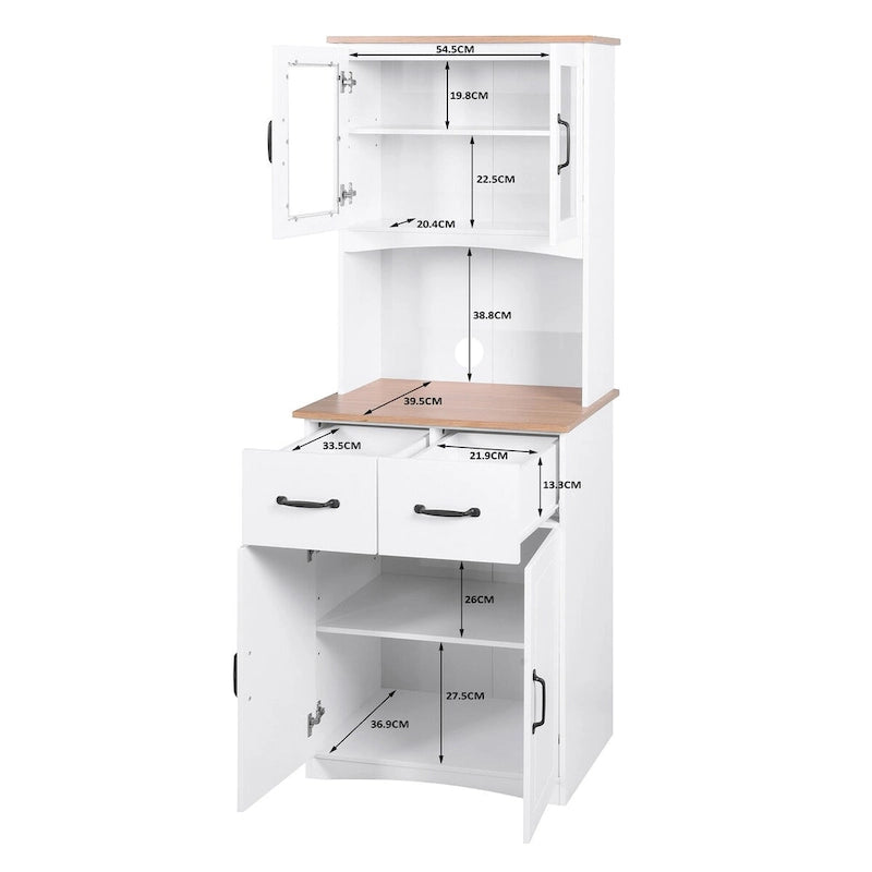 Vaisselier haut de cuisine, deux meubles hauts vitrés, niche ouverte pour micro-ondes, deux tiroirs, deux meubles bas à portes pleines, gestion des câbles, anti-basculement, MDF blanc