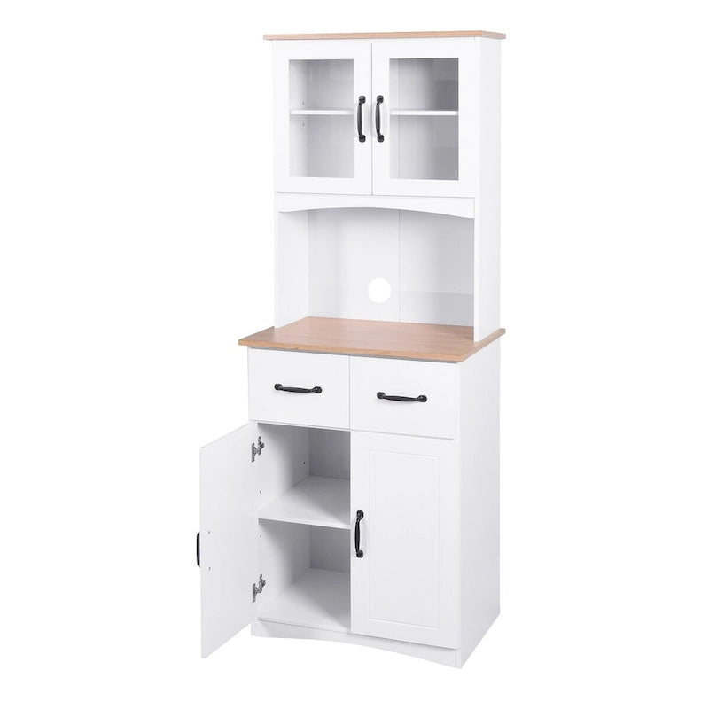 Vaisselier haut de cuisine, deux meubles hauts vitrés, niche ouverte pour micro-ondes, deux tiroirs, deux meubles bas à portes pleines, gestion des câbles, anti-basculement, MDF blanc