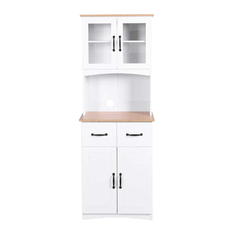 Vaisselier haut de cuisine, deux meubles hauts vitrés, niche ouverte pour micro-ondes, deux tiroirs, deux meubles bas à portes pleines, gestion des câbles, anti-basculement, MDF blanc
