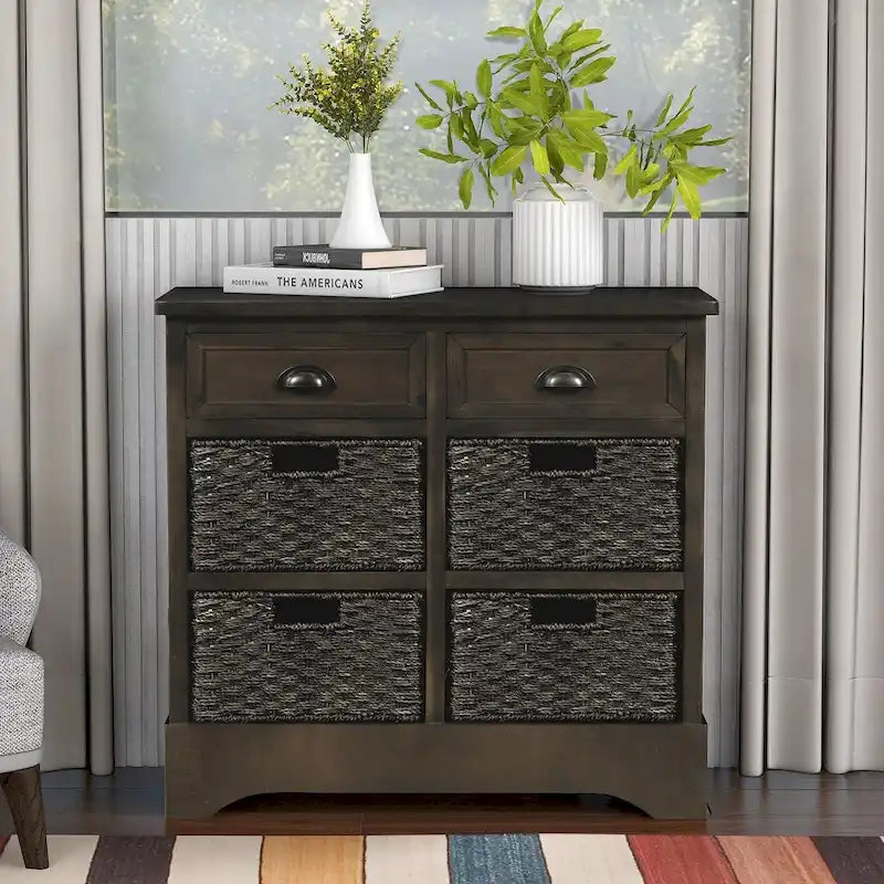 Meuble de rangement rustique, deux tiroirs supérieurs, quatre paniers en osier, cadre en bois d'acacia vieilli, panneaux en MDF, pieds en caoutchouc