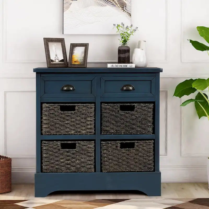 Meuble de rangement rustique, deux tiroirs supérieurs, quatre paniers en osier, cadre en bois d'acacia vieilli, panneaux en MDF, pieds en caoutchouc