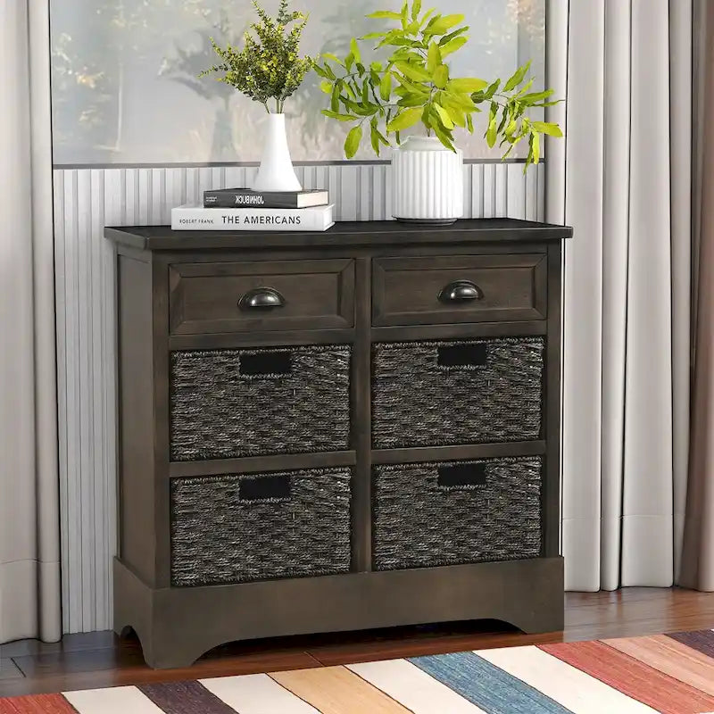 Meuble de rangement rustique, deux tiroirs supérieurs, quatre paniers en osier, cadre en bois d'acacia vieilli, panneaux en MDF, pieds en caoutchouc