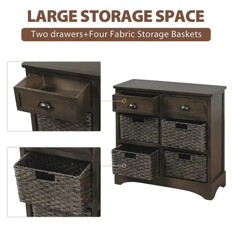 Meuble de rangement rustique, deux tiroirs supérieurs, quatre paniers en osier, cadre en bois d'acacia vieilli, panneaux en MDF, pieds en caoutchouc