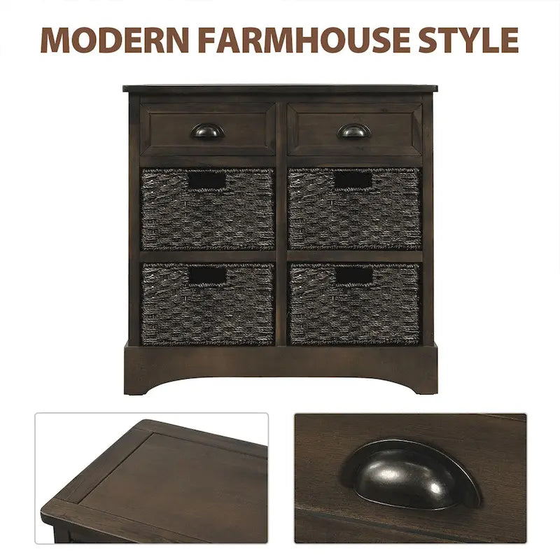 Meuble de rangement rustique, deux tiroirs supérieurs, quatre paniers en osier, cadre en bois d'acacia vieilli, panneaux en MDF, pieds en caoutchouc