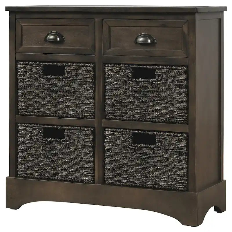 Meuble de rangement rustique, deux tiroirs supérieurs, quatre paniers en osier, cadre en bois d'acacia vieilli, panneaux en MDF, pieds en caoutchouc