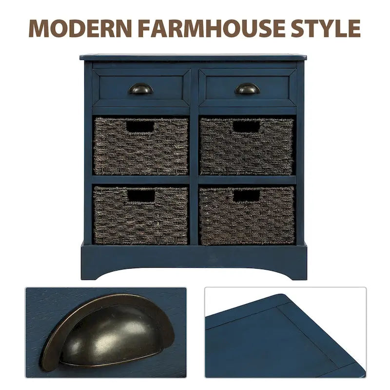 Meuble de rangement rustique, deux tiroirs supérieurs, quatre paniers en osier, cadre en bois d'acacia vieilli, panneaux en MDF, pieds en caoutchouc