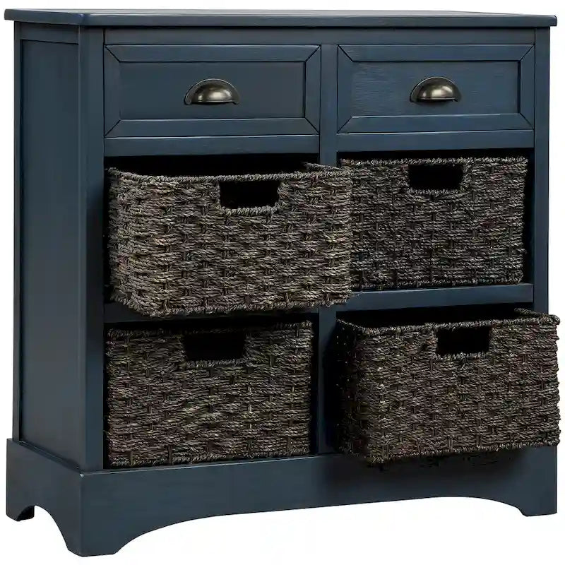 Meuble de rangement rustique, deux tiroirs supérieurs, quatre paniers en osier, cadre en bois d'acacia vieilli, panneaux en MDF, pieds en caoutchouc