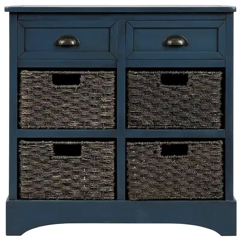 Meuble de rangement rustique, deux tiroirs supérieurs, quatre paniers en osier, cadre en bois d'acacia vieilli, panneaux en MDF, pieds en caoutchouc