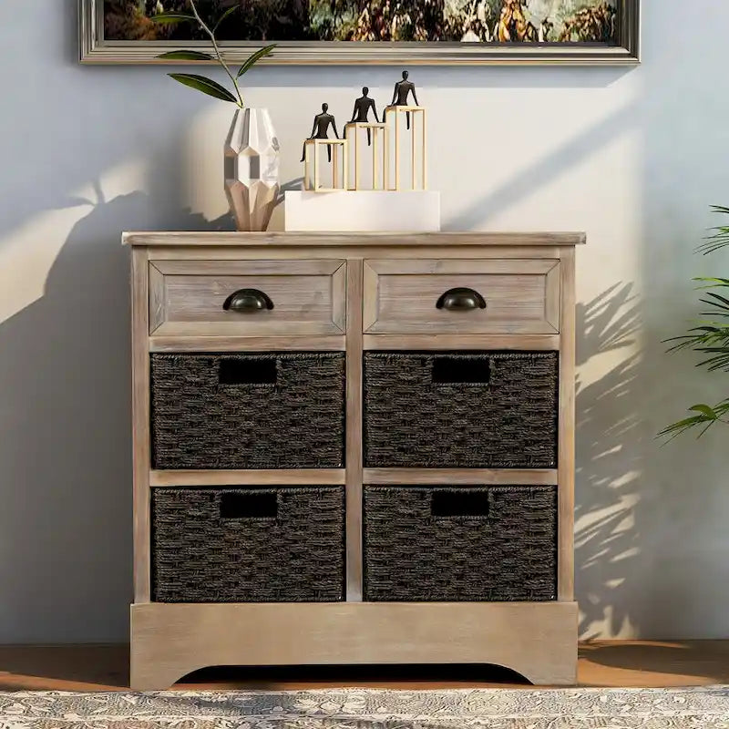 Meuble de rangement rustique, deux tiroirs supérieurs, quatre paniers en osier, cadre en bois d'acacia vieilli, panneaux en MDF, pieds en caoutchouc