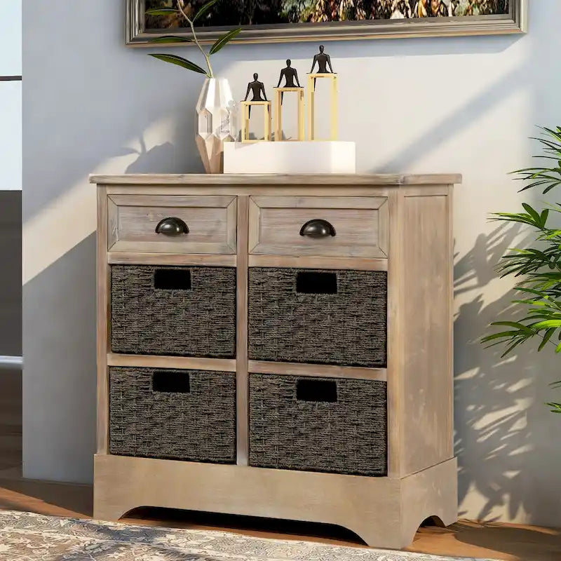 Meuble de rangement rustique, deux tiroirs supérieurs, quatre paniers en osier, cadre en bois d'acacia vieilli, panneaux en MDF, pieds en caoutchouc
