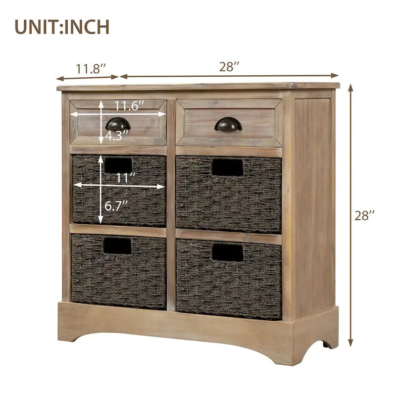 Meuble de rangement rustique, deux tiroirs supérieurs, quatre paniers en osier, cadre en bois d'acacia vieilli, panneaux en MDF, pieds en caoutchouc