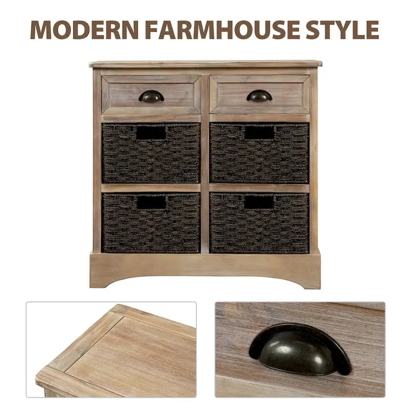 Meuble de rangement rustique, deux tiroirs supérieurs, quatre paniers en osier, cadre en bois d'acacia vieilli, panneaux en MDF, pieds en caoutchouc