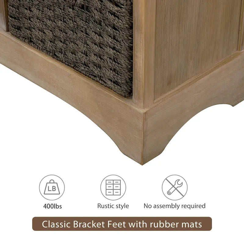 Meuble de rangement rustique, deux tiroirs supérieurs, quatre paniers en osier, cadre en bois d'acacia vieilli, panneaux en MDF, pieds en caoutchouc