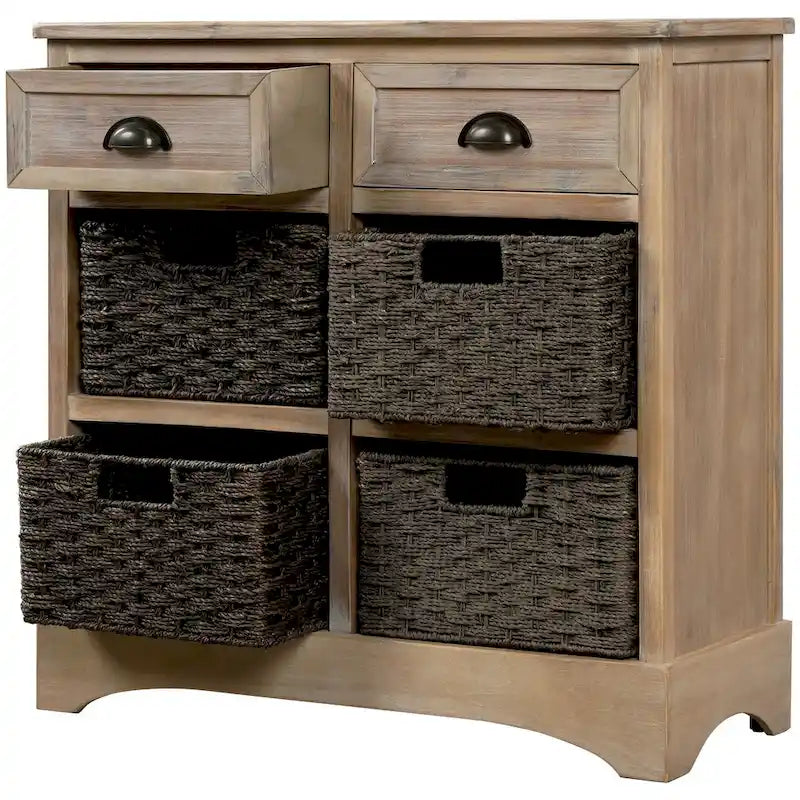 Meuble de rangement rustique, deux tiroirs supérieurs, quatre paniers en osier, cadre en bois d'acacia vieilli, panneaux en MDF, pieds en caoutchouc