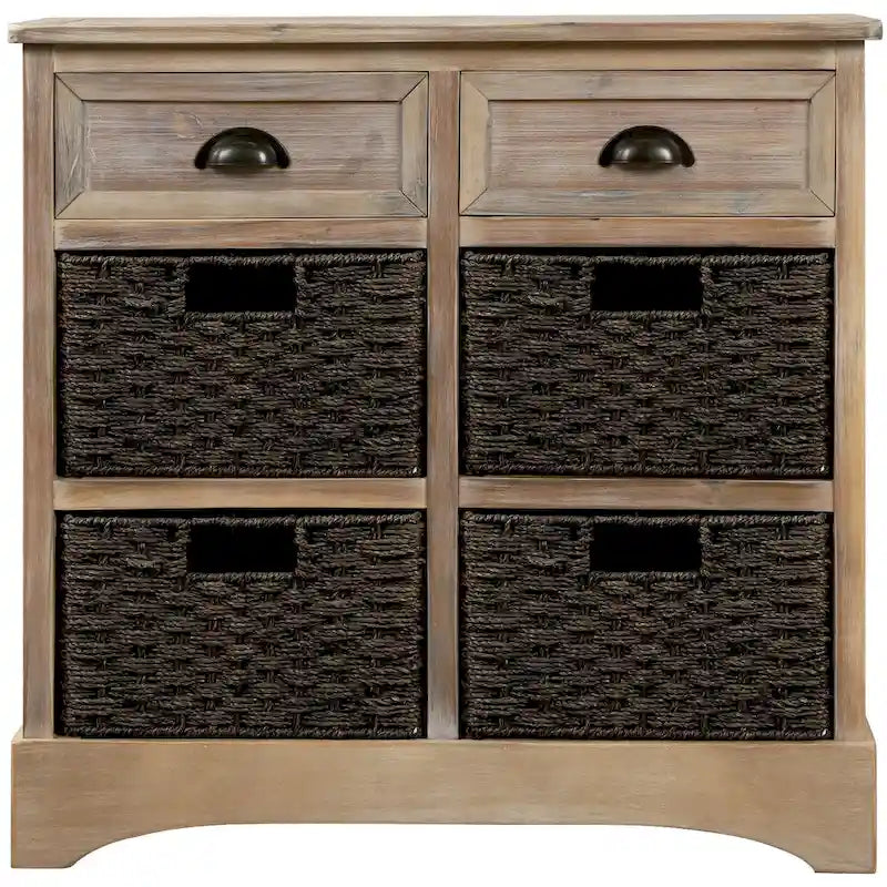 Meuble de rangement rustique, deux tiroirs supérieurs, quatre paniers en osier, cadre en bois d'acacia vieilli, panneaux en MDF, pieds en caoutchouc