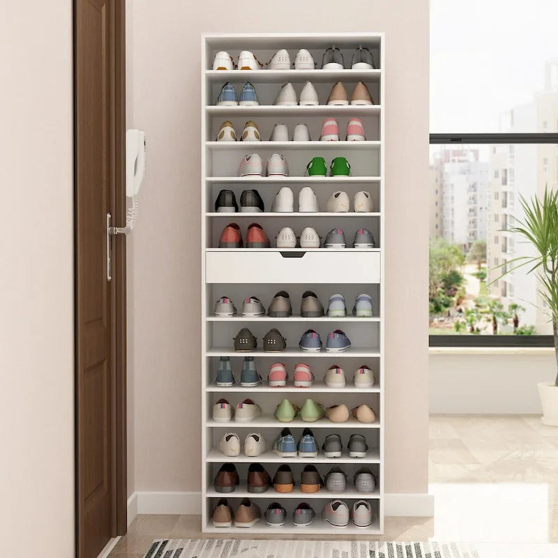 Meuble à chaussures haut blanc 13 étagères réglables Un tiroir Capacité de 40 paires Dispositif anti-basculement Construction en PB