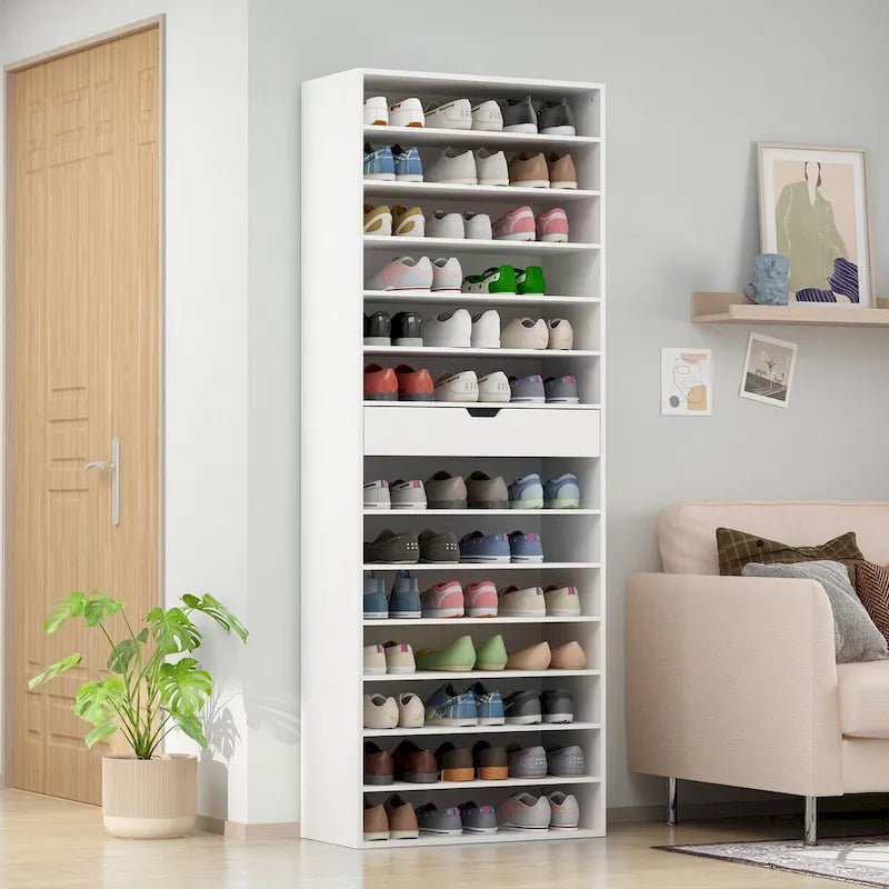Meuble à chaussures haut blanc 13 étagères réglables Un tiroir Capacité de 40 paires Dispositif anti-basculement Construction en PB