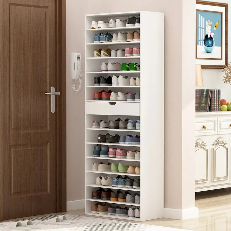 Meuble à chaussures haut blanc 13 étagères réglables Un tiroir Capacité de 40 paires Dispositif anti-basculement Construction en PB