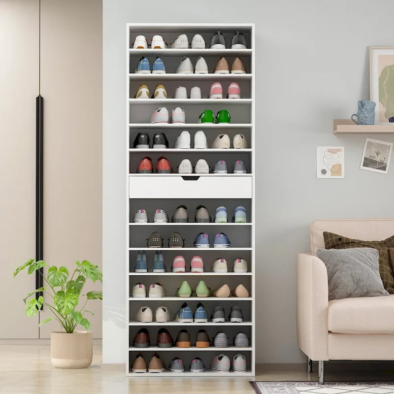 Meuble à chaussures haut blanc 13 étagères réglables Un tiroir Capacité de 40 paires Dispositif anti-basculement Construction en PB