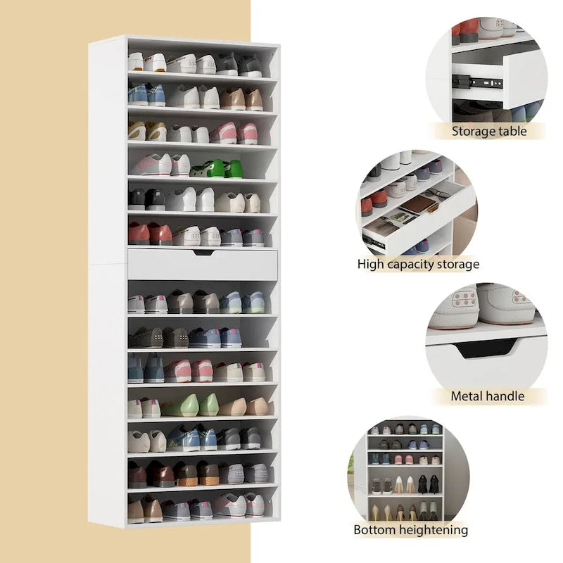 Meuble à chaussures haut blanc 13 étagères réglables Un tiroir Capacité de 40 paires Dispositif anti-basculement Construction en PB