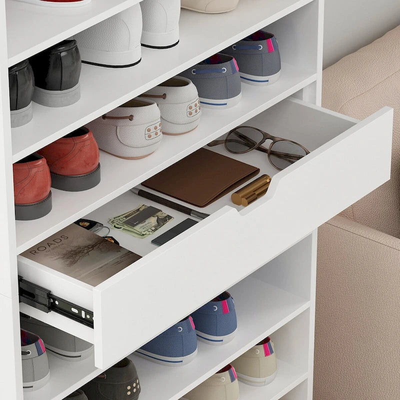 Meuble à chaussures haut blanc 13 étagères réglables Un tiroir Capacité de 40 paires Dispositif anti-basculement Construction en PB