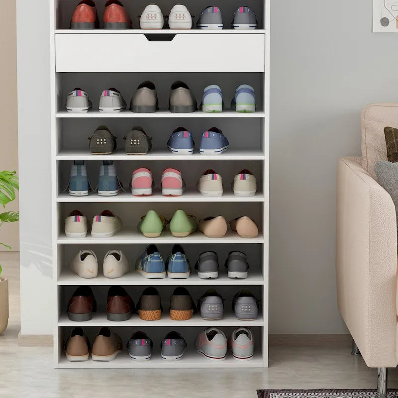 Meuble à chaussures haut blanc 13 étagères réglables Un tiroir Capacité de 40 paires Dispositif anti-basculement Construction en PB