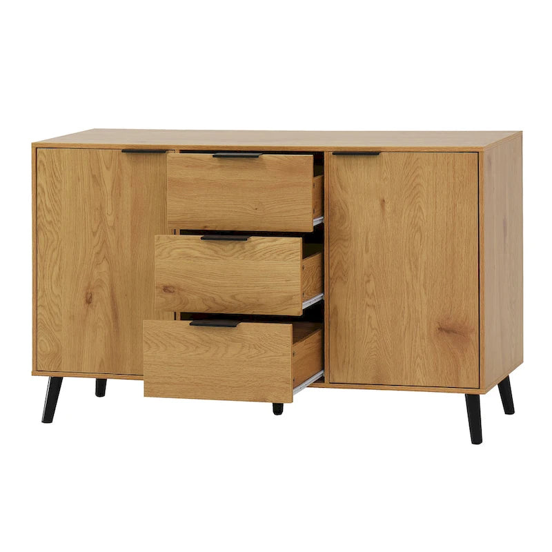 Buffet de salle à manger Deux portes Trois tiroirs Aspect bois Aggloméré Pieds coniques noirs