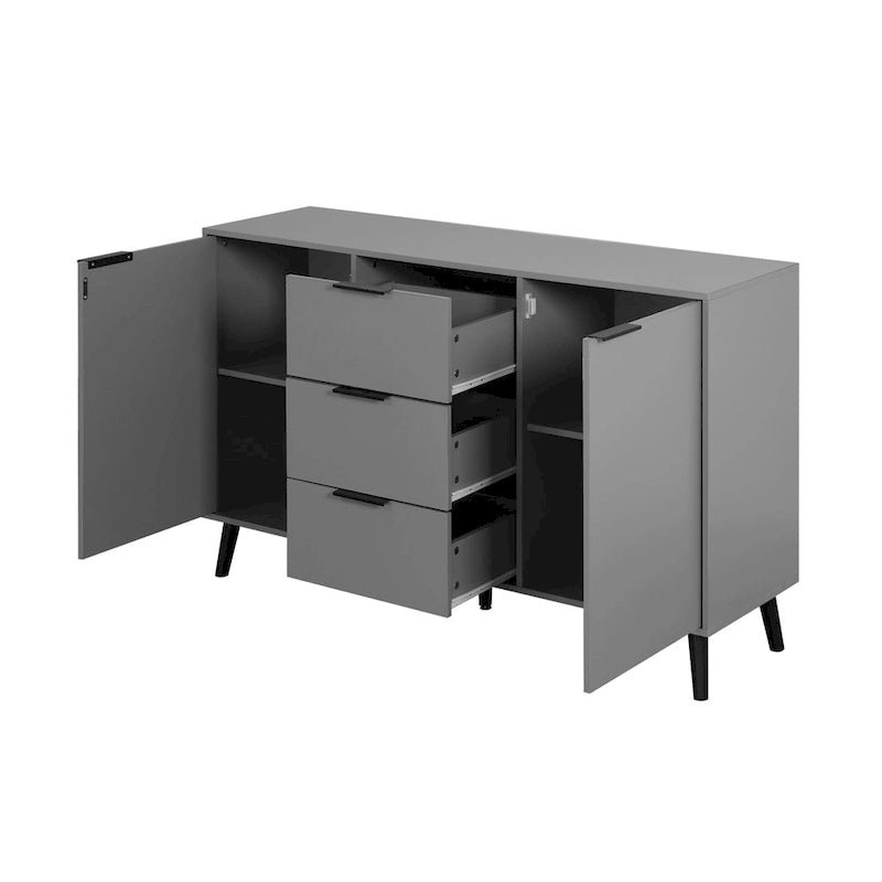 Buffet de salle à manger Deux portes Trois tiroirs Aspect bois Aggloméré Pieds coniques noirs