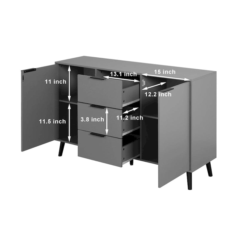 Buffet de salle à manger Deux portes Trois tiroirs Aspect bois Aggloméré Pieds coniques noirs