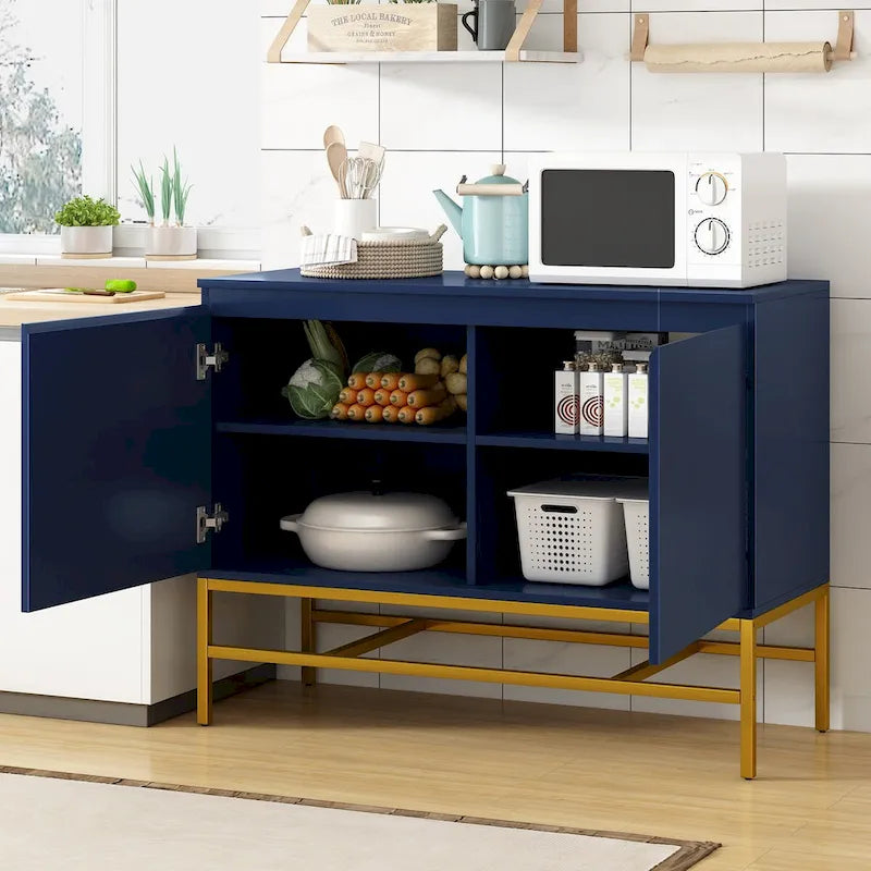 Buffet à deux portes en MDF avec coins arrondis, portes à ouverture par pression, deux étagères réglables, piétement en métal doré.