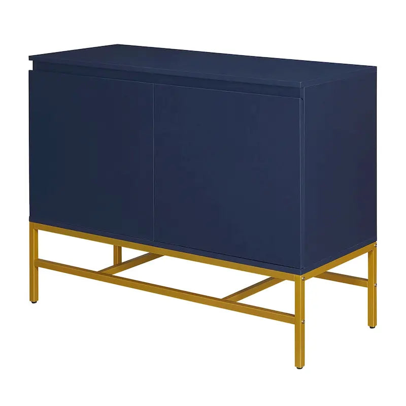 Buffet à deux portes en MDF avec coins arrondis, portes à ouverture par pression, deux étagères réglables, piétement en métal doré.