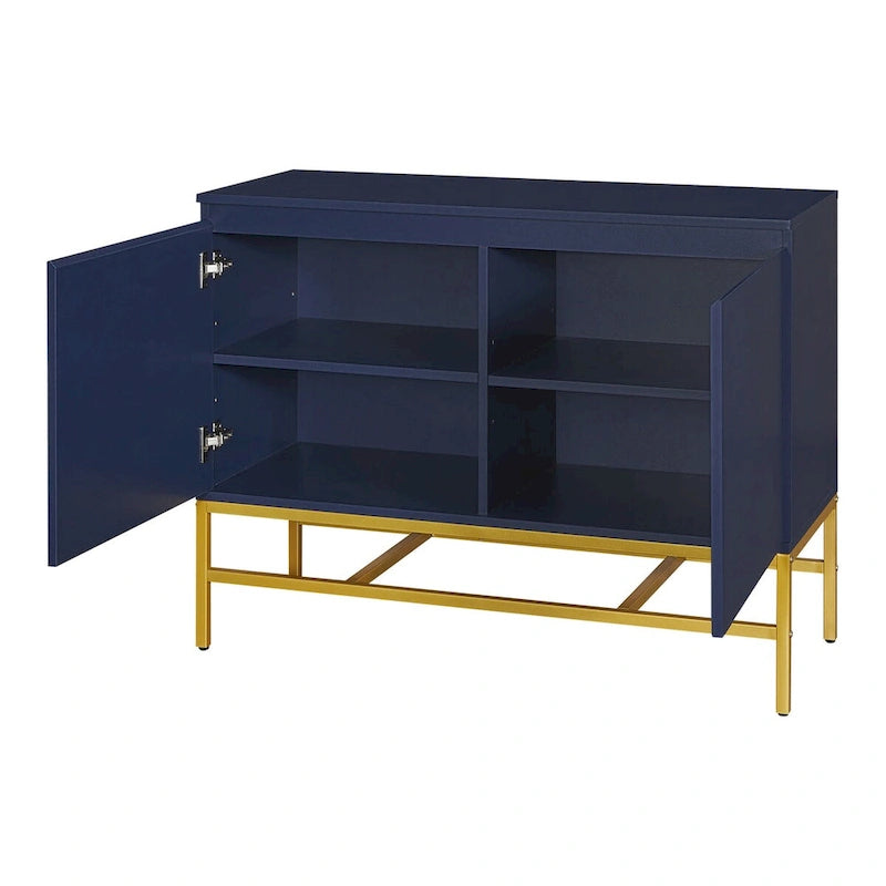 Buffet à deux portes en MDF avec coins arrondis, portes à ouverture par pression, deux étagères réglables, piétement en métal doré.