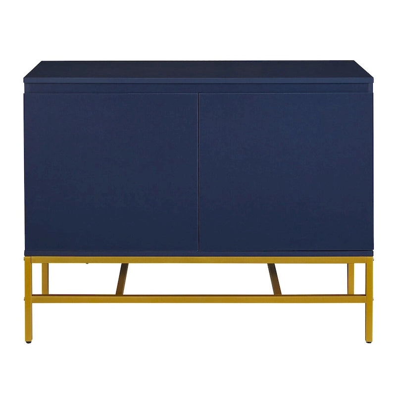 Buffet à deux portes en MDF avec coins arrondis, portes à ouverture par pression, deux étagères réglables, piétement en métal doré.