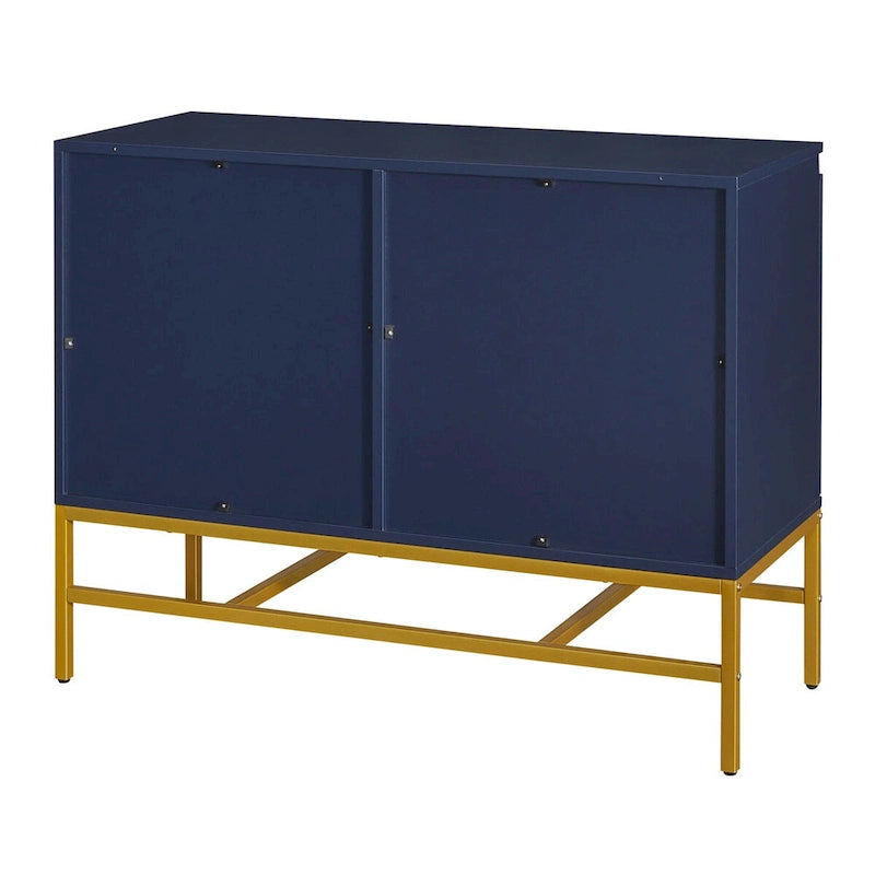Buffet à deux portes en MDF avec coins arrondis, portes à ouverture par pression, deux étagères réglables, piétement en métal doré.