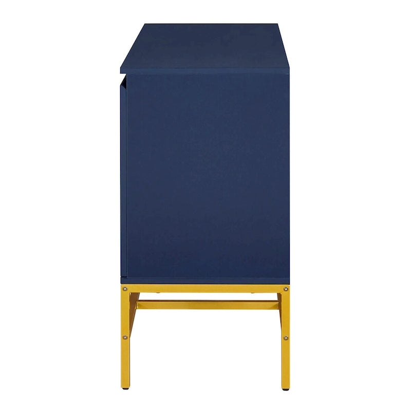 Buffet à deux portes en MDF avec coins arrondis, portes à ouverture par pression, deux étagères réglables, piétement en métal doré.