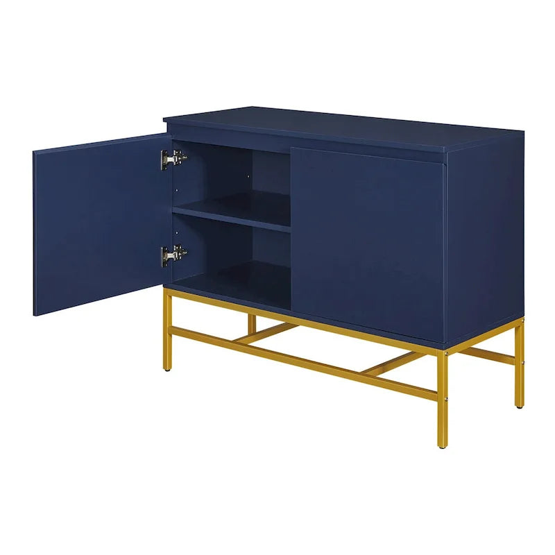Buffet à deux portes en MDF avec coins arrondis, portes à ouverture par pression, deux étagères réglables, piétement en métal doré.